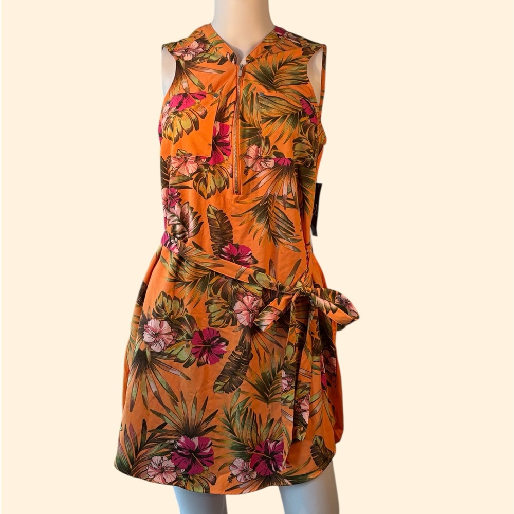 NWT New York & Company Orange Tropical Print Dress Size Medium